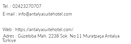 Antalya Suite Hotel & Spa telefon numaralar, faks, e-mail, posta adresi ve iletiim bilgileri